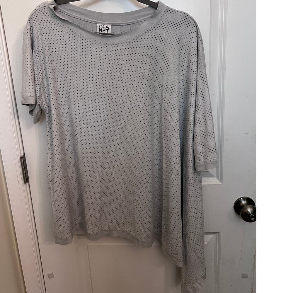PLANET by Lauren G Asymmetrical perforated microfiber Suede top Gray Lagenlook